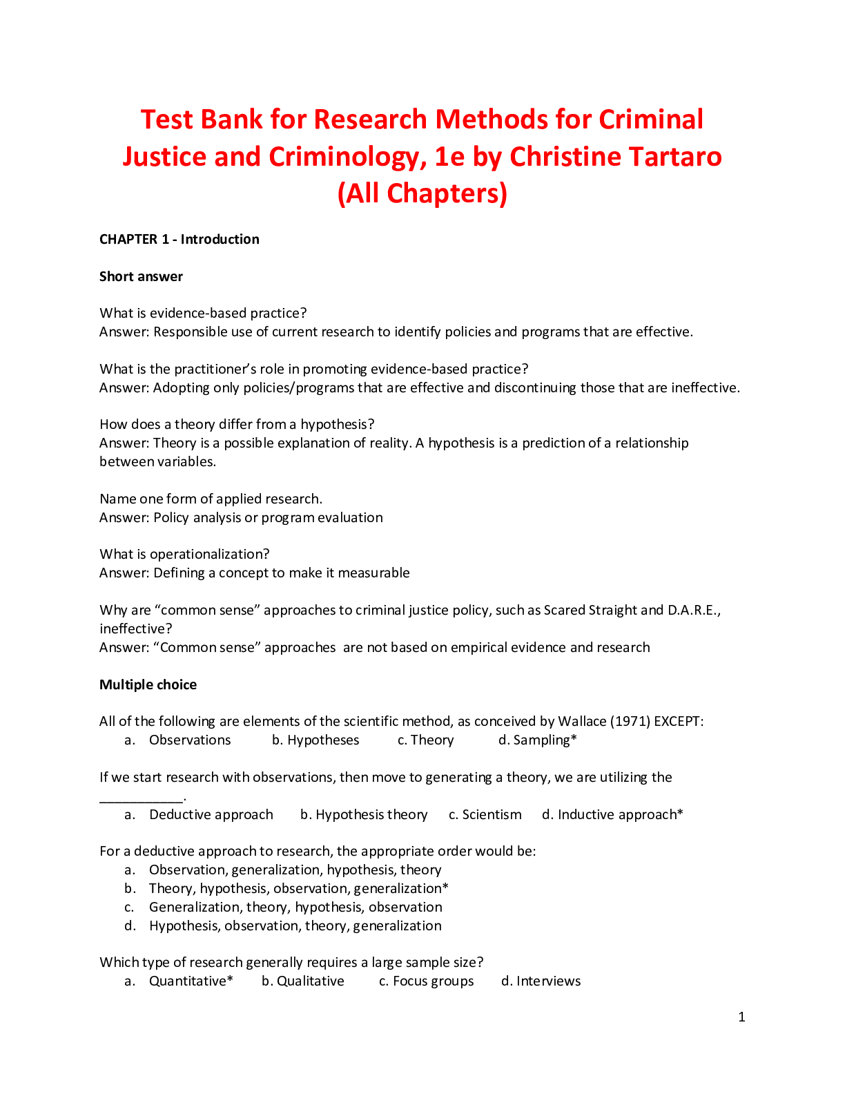 Preview of Research Methods for Criminal Justice and Criminology, 1e by Christine Tartaro (Test Bank)